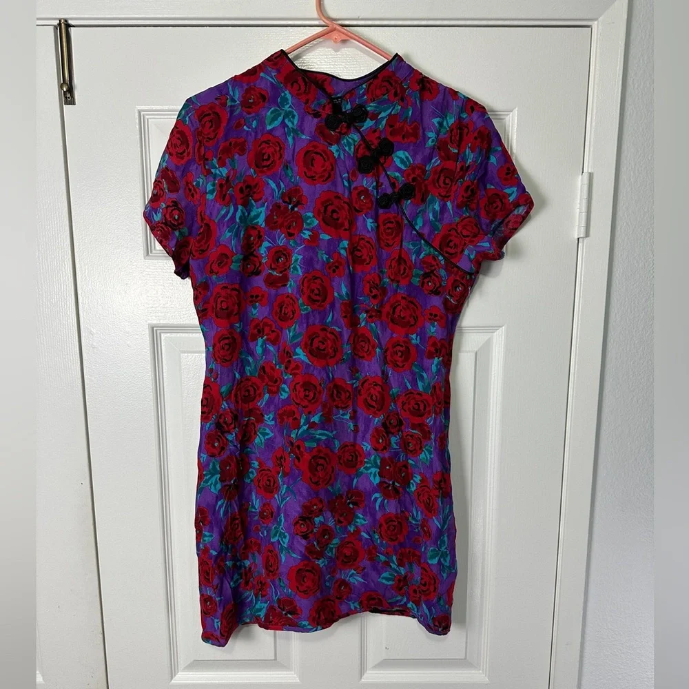 ZARA Flower Print Red and Purple frog button mini short sleeve dress Large NWT